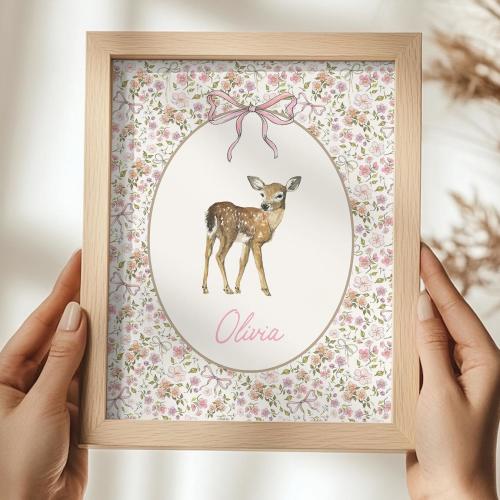 Floral Nursery Print Personalized Name Woodland Nursery Decor Girl Pink Bow Print Baby Girl Nursery Wall Art Watercolor Deer Nursery Art