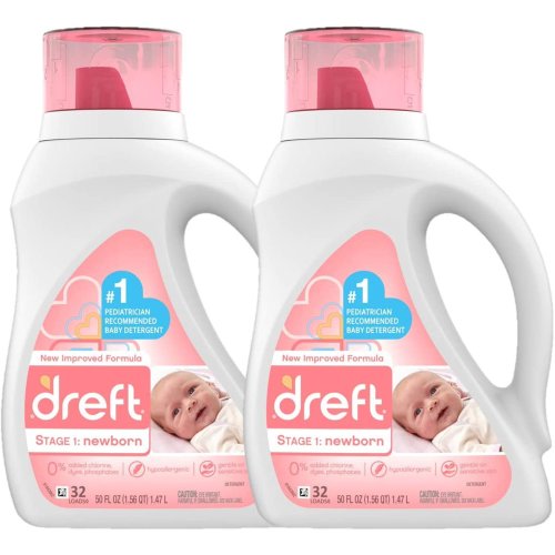 Dreft Stage 1: Newborn Hypoallergenic Liquid Baby Laundry Detergent (HE), Natural for Baby, Newborn, or Infant, 50 Ounce (32 Loads), 2 Count (Packaging May Vary)