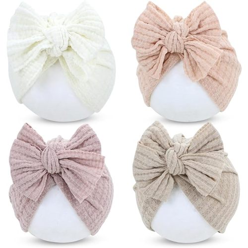 Cinaci 4 Pieces Baby Girls Turban Hats with Bow Newborn Hospital Caps Bonnets Beanies Headwraps for Infants Toddlers