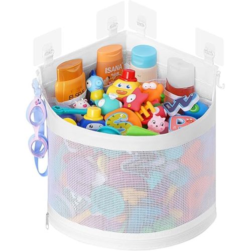 Lifewit Bath Toy Storage Holder, Mesh Shower Caddy for Bathtub Toy Organizer, Corner Hang-Suspension Shower Toy Holder, Bath Toy Basket with 4 Adhesive Hooks for Kids, Toddlers, Medium, White