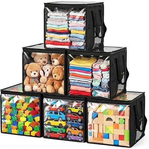 6 Pack Cube Toy Storage Bag, 12" x 12" Large Toys Storage Bin Organizers, Foldable PVC Boxes with Handles, Toy Storage for Kids Playroom, Stuffed Animal Storage, Blocks, Clothes(Black)