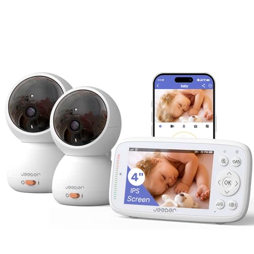 1080P WiFi Baby Monitor with 2 Camera and Audio, Pan-Tilt-Zoom Video Camera, 4'' IPS Screen, HD Night Vision, Motion & Cry Detection, 360° View, Temperature Sensor, Feeding Reminder, Lullabies