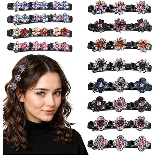 12PCS Sparkling Crystal Stone Braided Hair Clips for Women and Girls, Braided Hair Clip Rhinestone Four-Leaf Duckbill Clips for Styling Decorative Rhinestone Hairstyle Accessories