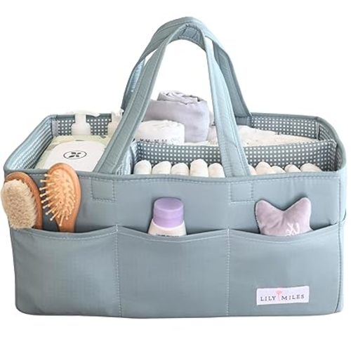 Lily Miles Baby Diaper Caddy Organizer, Wipeable Diaper Organizer Basket with 8 Pockets for Newborn Essentials, Nursery Tote Bag for Changing Table & Car Organization (Willow Green, Large)
