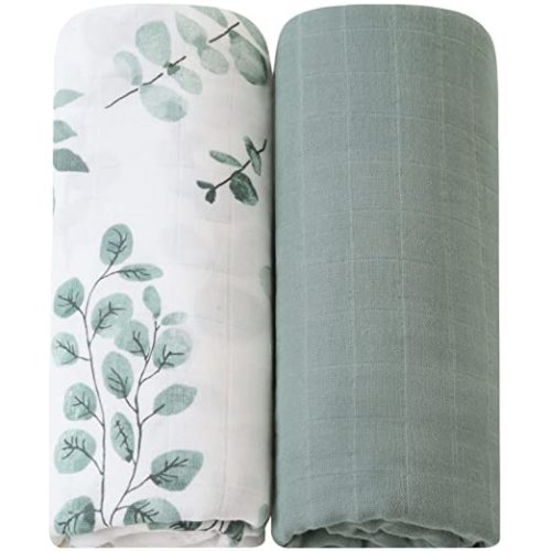 LifeTree Muslin Swaddle Blankets, 2 Pack Baby Swaddling Neutral Receiving Blanket for Boys & Girls, 70% Viscose from Bamboo & 30% Cotton, Large 47" X 47" Eucalyptus Leaves/Sage - Eucalyptus Print / Roman Green