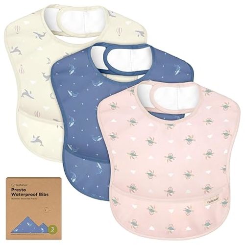 KeaBabies 3-Pack Waterproof Baby Bibs for Eating - Lightweight Toddler Feeding Bibs with Large Food Catcher, Mess Proof, Food-Grade Baby Eating Essentials, Easy to Put On & Clean (Fawn)