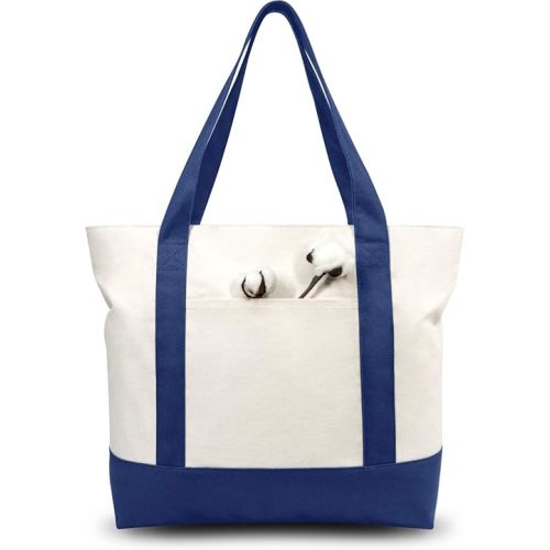 TOPDesign 1-Pack Canvas Tote Bag with an External Pocket, Reusable Grocery Shopping Bag, Top Zipper Closure, Daily Essentials (Blue/Natural)