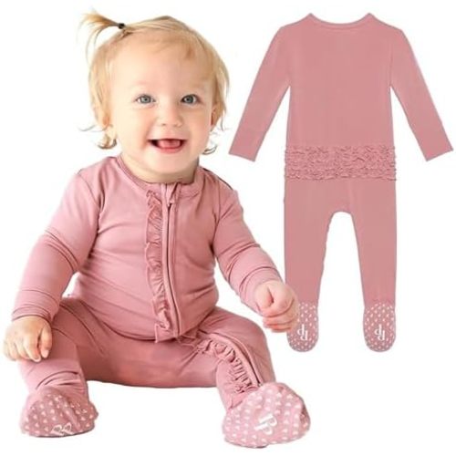 Posh Peanut Footie Pajamas for Baby Girls – Soft Viscose from Bamboo, 2-Way Zipper, Ruffle Trim - Newborn to Toddler Sleepers
