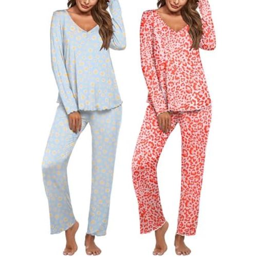 Ekouaer Womens 2 Pack Pajama Set Long Sleeve Pajamas Top and Pants V Neck Pjs Set Soft Sleepwear Loungewear