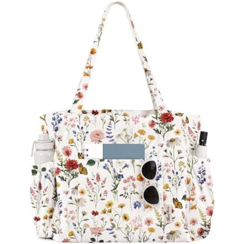 Large Corduroy Tote Bag for Women - Cute Shoulder Reusable Canvas Bags with Zipper Multi-Pocket for Work