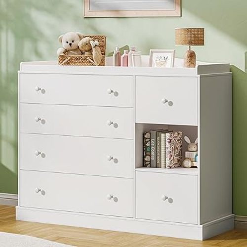 Kids Dresser Cabinet with 6 Drawers, Changing Table for Nursery with Shelf, Multi-Functional Chest of Drawers, Kids Bedroom Furniture, Nightstand for Children's Room, White