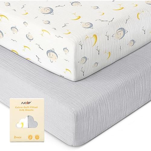 SUOSDEY 2 Pack Muslin Crib Sheets for Boys Girls Soft Breathable 70% Viscose from Bamboo 30% Cotton, 52"x28" Neutral Standard Baby Crib Mattress Sheets Fitted