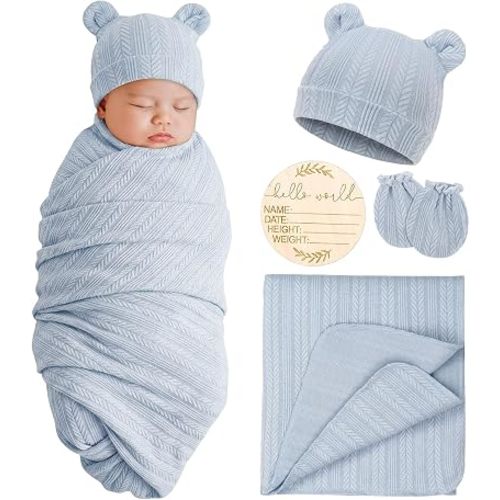 AQOKKA Newborn Receiving Blanket with Bow Hat Mittens Set Nursery Swaddle Wrap Toddler Swaddles for Newborn Baby Boy Girl