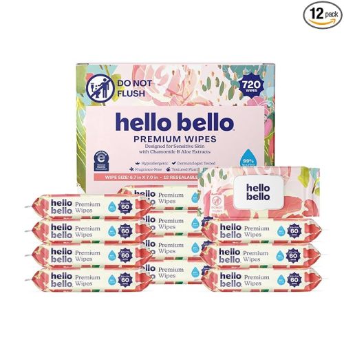 Hello Bello Premium Wipes, Designed for Sensitive Skin with Chamomile & Aloe Extracts, Rosy Posy (12 Resealable Packets = 720 Total Wipes)