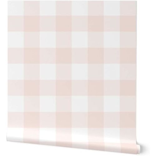 Peel & Stick Wallpaper Swatch - White Gingham Check Plaid Nursery Pink Buffalo Large Blush Minimalist Custom Removable Wallpaper by Spoonflower