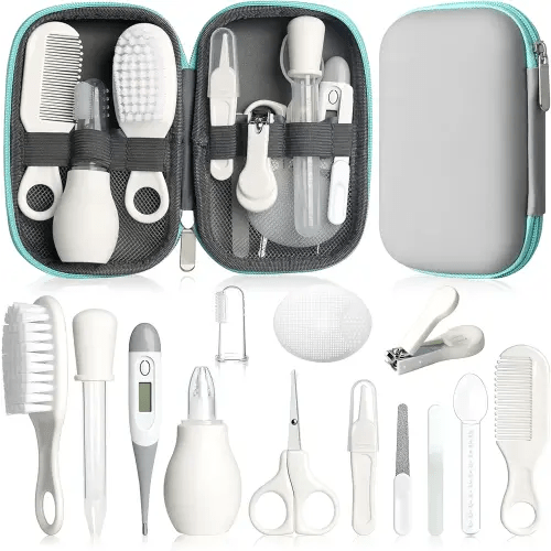 Baby Grooming Kit, Infant Safety Care Set with Hair Brush Comb Nail Clipper Nasal Aspirator,Baby Essentials Kit for Newborn Girls Boys (Grey White)