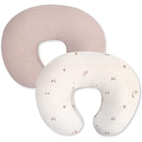 Little Grape Land Muslin Nursing Pillow Covers 2 Pack, 100% Cotton Removable Breastfeeding Pillow Covers, Feeding Pillow Slipcovers for Baby Boys & Girls, (Fog Flower & Rosy)
