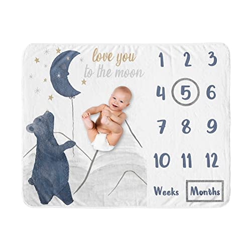 Sweet Jojo Designs Woodland Bear Boy Girl Milestone Blanket Monthly Newborn First Year Growth Mat Baby Shower Memory Keepsake Gift Picture - Navy Blue Grey Gold Black Celestial Moon Star Watercolor