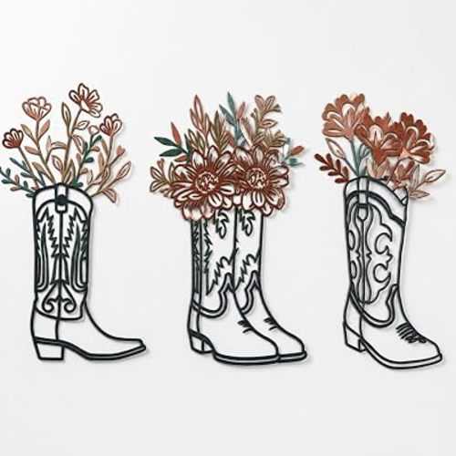 Otoolling 3 Pcs Cowboy Boots Metal Wall Art Turquoise Flowers Western Wall Decor Vintage Southwestern Decor Sculptures for Living Room Bathroom Bedroom Dining Room Indoor Outdoor Housewarming Gifts