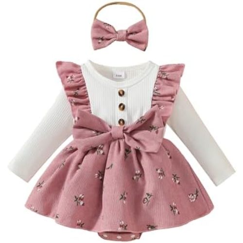 Newborn Baby Girl Spring Outfits Infant Ribbed Romper Dress Ruffle Long Sleeve Clothes Jumpsuit with Bow Headband