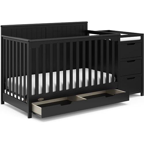 Graco Hadley 5-in-1 Convertible Crib & Changer – GREENGUARD Gold Certified, Fits Standard Crib Mattress, Converts to Toddler Bed and Full Bed, 4 Adjustable Mattress Heights (Black)