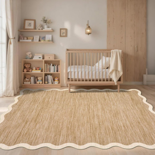Wrought Studio™ Scalloped Washable Rug – Soft, Non-Slip, Beige Boho Carpet for Living Room, Bedroom, Kitchen (Beige) | Wayfair
