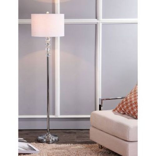 59.5" Crystal/Metal Aubrey Floor Lamp Clear with Linen Shade - JONATHAN Y: Chrome Finish, LED Lighting