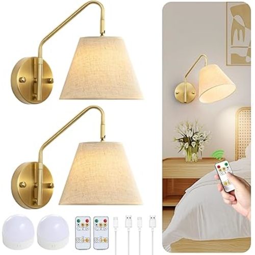 Gold Wireless Wall Sconces Set of Two, Swing Arm Battery Wall Sconce, Battery Operated Wall Sconce with Remote, Battery Sconces with Linen Lampshade, Rechargeable Wall Lights for Living Room