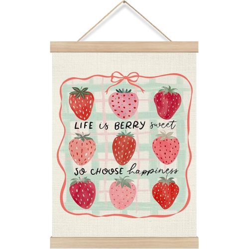 KRHFG Coquette Pink Bow Strawberry Wall Art Poster Framed, Strawberry Room Decor, Life Is Berry Sweet Inspirational Hanging Canvas Prints Wall Decor for Girls Bedroom Dorm, 12x16 Inch