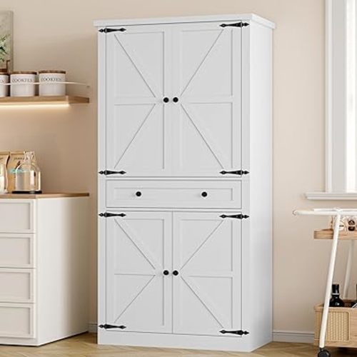 Storage Cabinet, 70” Barn Door White Kitchen Cabinet with Drawers and Adjustable Shelf, Tall Pantry for Kitchen, Dining Room, Living Room Bedroom