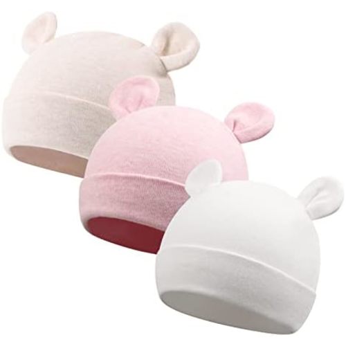 JANGANNSA Cotton Newborn Baby Girls Hat Spring Newborn Boys Hat Cute Bear Infant Beanie (White+Pink+Khaki, 0-3M)