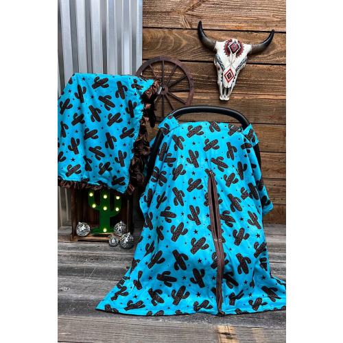 Turquoise Cactus Cheetah Leopard Western, Rodeo, Minky Baby Car Seat Cover