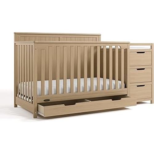 Graco Hadley 5-in-1 Convertible Crib & Changer (Driftwood) – GREENGUARD Gold Certified, Fits Standard Crib Mattress, Converts to Toddler Bed and Full Bed, 4 Adjustable Mattress Heights