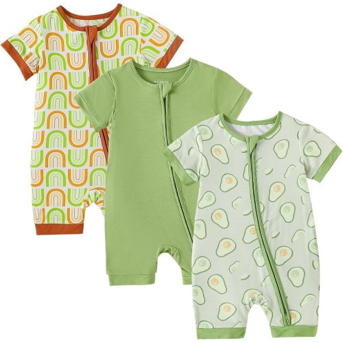 OPAWO Baby Girl Pajamas 3 Pack, 2 Way Zipper Sleepers Baby Girl Girl Romper, Toddler Summer Clothes Outfits 0-24M(Avocado/Rainbow/Sage Green,3-6 Months)