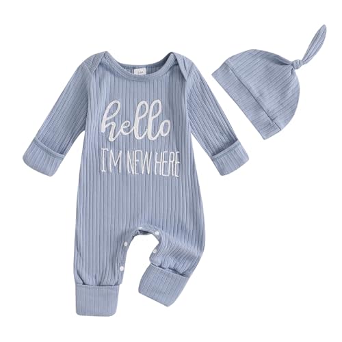 FIOMVA Im New Here Newborn Outfit Boy Long Sleeve Letter Romper Ribbed Knit Jumpsuit Baby Boy Preemie Coming Home Outfit