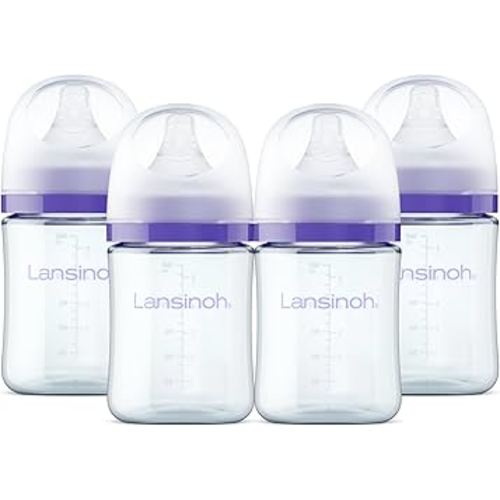 Lansinoh Anti-Colic Glass Baby Bottles, 5 Ounces, 4 Count Bottles for Feeding, Baby Essentials, Includes 4 Slow Flow Nipples, Size S