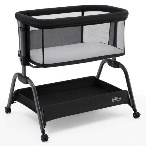 HARPPA Bassinet Bedside Sleeper, Bedside Bassinet with Storage & Wheels for Infants, Black