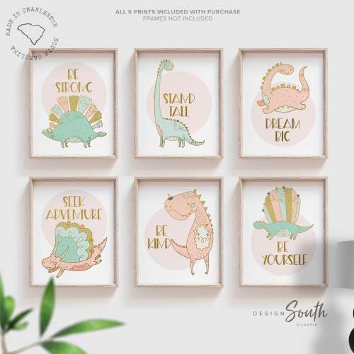 Pastel pink baby dinosaurs, pink & gold dinosaur baby kid child wall art, baby girl pink gold dinosaurs, dino decor baby girl, pink mint art