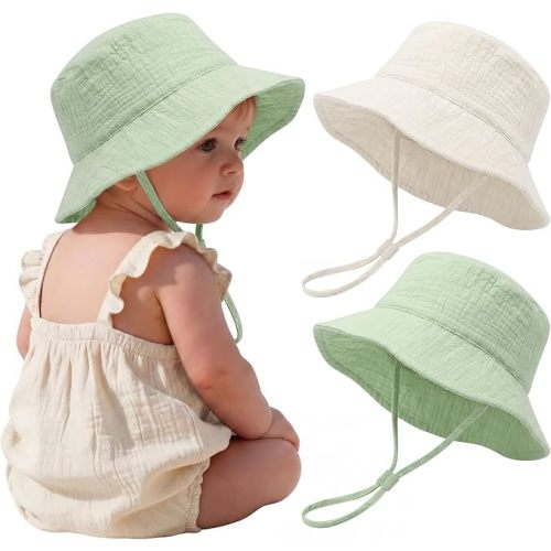 2 Pack Muslin Baby Sun Hat Bucket Hats with Wide Brim Adjustable Beach Hat for Boys Girls