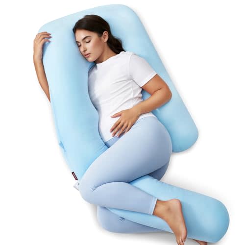 Momcozy Pregnancy Pillow with Cooling Cover, Dreamlign U Pro Maternity Pillow with Adjustable Leg Pillow - Support for Back, HIPS, Belly, Legs for Pregnant Women, 50-72 Inch, Bule