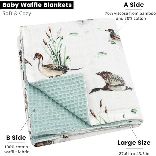 LifeTree Waffle Baby Blankets, Muslin Swaddle Blanket for Boys Girls, 2 Layers Crib Stroller Receiving Blankets with Muslin Front and Waffle Backing Infant Newborn Mallard Duck