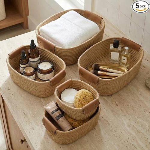 Beautiful Storage Basket Set of 5 - Sturdy Jute Rope Baskets for Shelves Are Perfect for Organizing Your Home - Quality Storage Bins Easily Fit With Any Nursery or Bedroom Decor