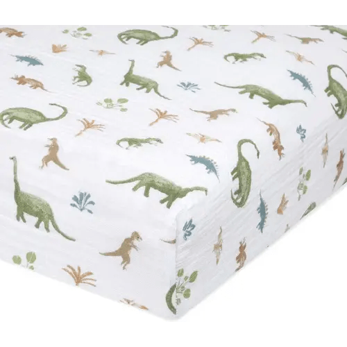 aden + anais Essentials Classic Crib Sheet, 100% Cotton Muslin, Super Soft & Breathable, Tailored Snug Fit, Dino Jungle