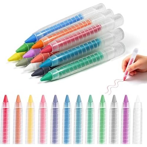 NewFamily Dustless Chalk for Kids, 12 Colors with Twist-Up Holders, Fine-Tip Washable Non-Toxic Chalk for Chalkboards, Easels and Paper, Ages 3+