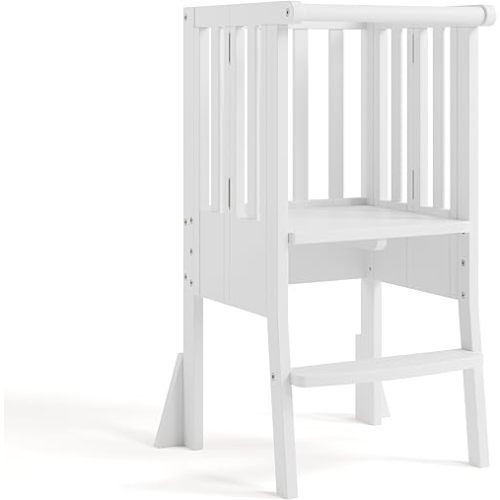 Storkcraft Toddler Standing Tower Kitchen Step Stool (White) - GREENGUARD Gold Certified, Solid Wood Quality Craftsmanship, Folding Toddler Tower, Kids Montessori Step Stool