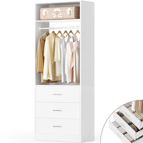 Besiost Freestanding 2FT Closet System with 3 Wood Drawers, 24" Closet Organizer System with Hanging Rod & Shelves, Walk-in Closet Systems for Small Closets, White (24"L x 15" W x 80" H)