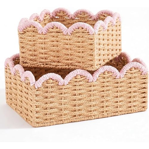2 Pack Pink Scalloped Wicker Baskets Hand-woven Storage Scalloped Basket Bins Paper Rope for Organizing and Decor for Nursery Living Room Bedroom Laundry
