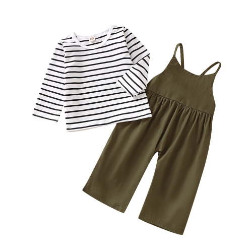 3T Toddler Baby Girl Clothes Baby Girl 2PCS Outfits 3-4T Long Sleeve Stripe Shirt Top Suspender Pants Set