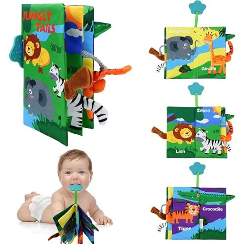 Baby Books Toys 0-12 Months with Teether,Tummy Time Crinkle Sensory Toys,High Contrast Touch & Feel Soft Book, Early Learning Infant Toys,Shower Gift for Boys Girls (Jungle Animal)