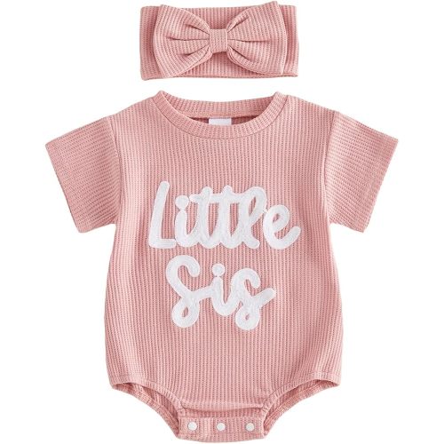 Infant Baby Girl Summer Outfit Short Sleeve Little Sister Lil Sis Bubble Romper Jumpsuits Newborn Waffle Clothes